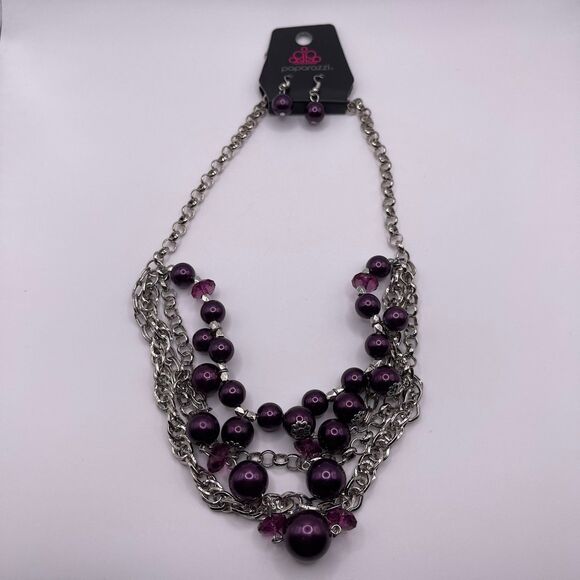 Paparazzi Women's Vintage Appraisal Purple Pearl Layering Necklace & Earring Set - Picture 4 of 12